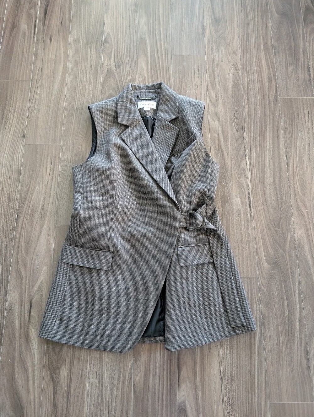 Calvin Klein Sleeveless Shoulder Padded, Belted Blazer Vest - BrownGrey (Size 8)